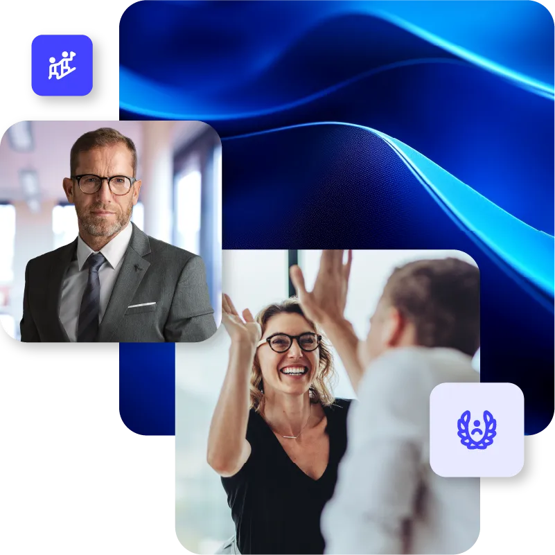 A group of business professionals joyfully giving a high five, representing unity and achievement in their efforts.