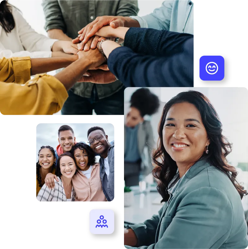 Collage of images representing diversity and teamwork. One image showing happy poc female employee, second image showing diverse group of friends hugging and laughing, third image showing hands stack together