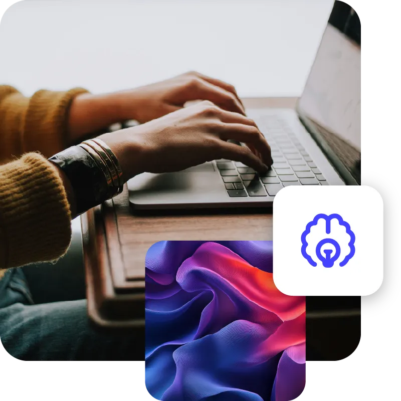 Collage of images, close-up of hands on laptop keyboard, abstract background in purple and orange, and icon symbolizing knowledge