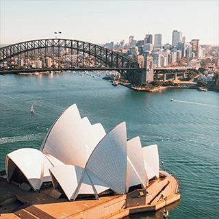 Bird-eye-view of Sydney Harbour with Opera House and Harbour Bridge, Sydney, AU